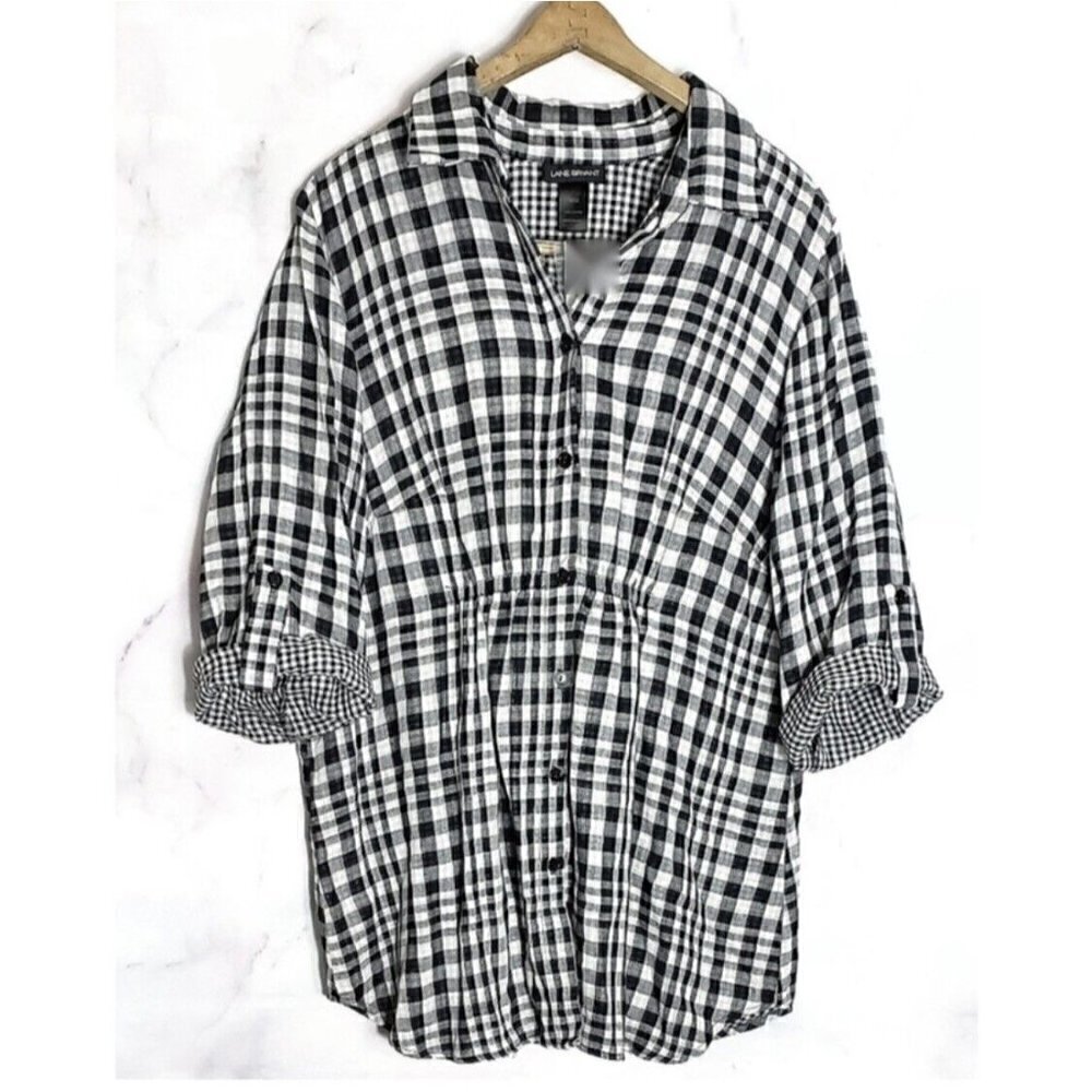 Lane Bryant Sz 18 20 Womens Plaid Gathered Button Up Front Shirt Black White